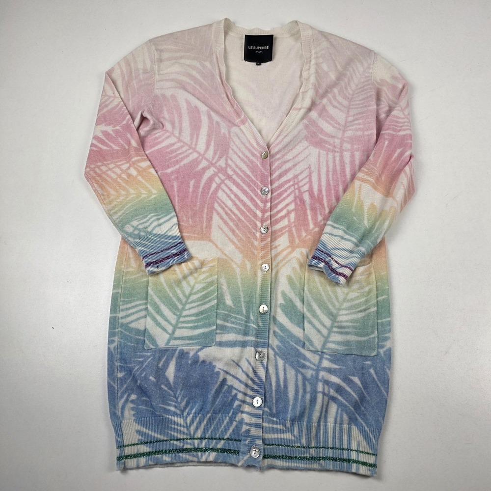 Le Superbe Sweater Cardigan Womens Small Multicolor Palm Print V Neck Tropical